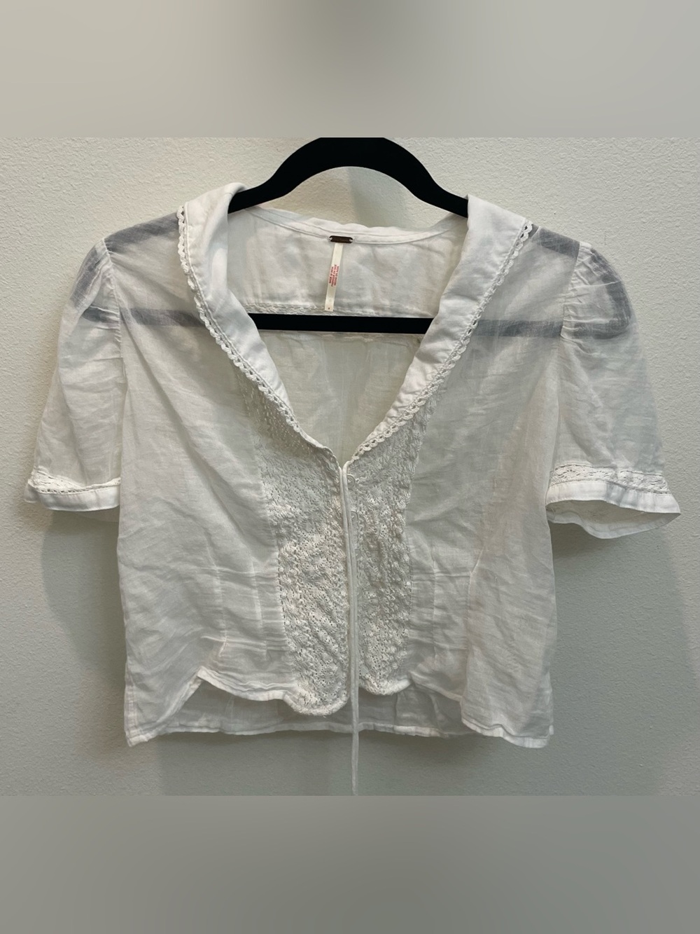 Free People White Embroidered Cotton Short Sleeve Top